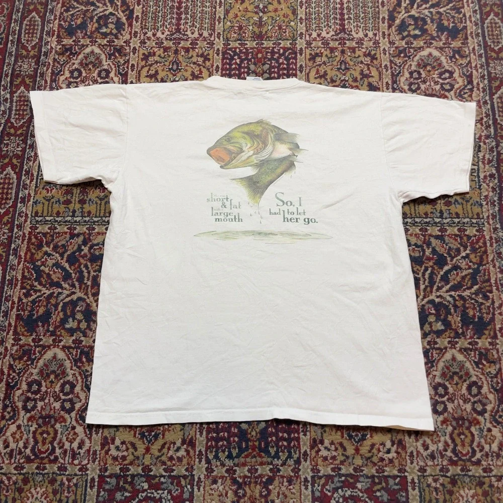 VTG 90s Aussie T Company Fishing Bass Tee Short Fat Big Mouth Funny Shirt L USA